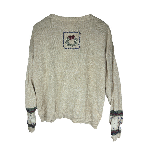 Vintage Sweater Nut Cracker Cardigan XL Beige Christmas Party Deer Forest Cabin - Picture 2 of 11